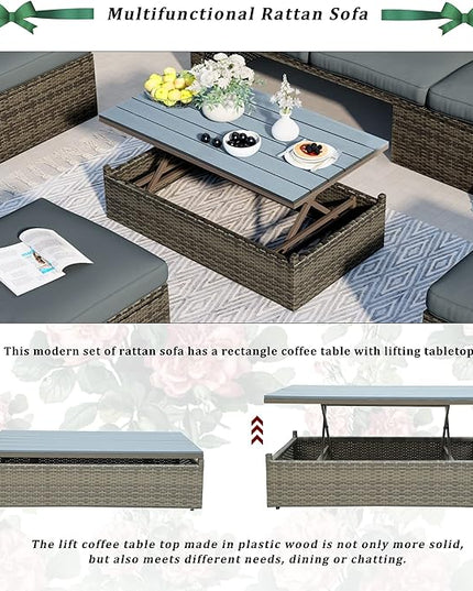 5 Pieces Patio Furniture Sets All Weather Wicker Rattan Sectional Sofa Outdoor Conversation with Adustable Backrest, Cushions, Ottomans and Lift Top Coffee Table for Poolside, Garden, Backyard - LeafyLoom