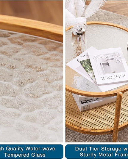 VINGLI 25.6" Rattan Coffee Table, Round Water-wave Glass Metal Center Table, Modern Coffee Table with 2-Tier Storage, Farmhouse Circular Coffee table for Living Room and Small Space, Natural Vibe - LeafyLoom