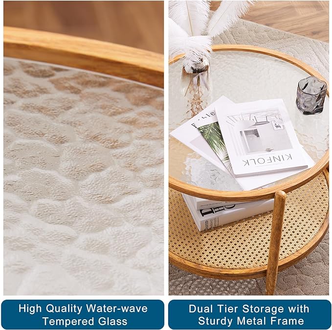 VINGLI 25.6" Rattan Coffee Table, Round Water-wave Glass Metal Center Table, Modern Coffee Table with 2-Tier Storage, Farmhouse Circular Coffee table for Living Room and Small Space, Natural Vibe - LeafyLoom