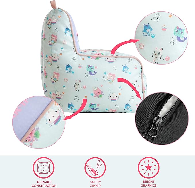 Idea Nuova Gabby's Dollhouse Kids Fabric Bean Bag Chair with Piping & Top Carry Handle, Large - LeafyLoom