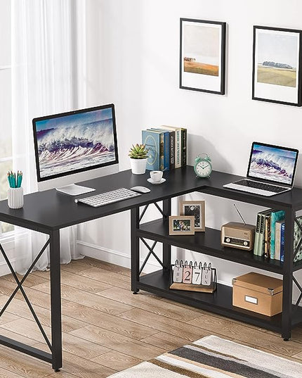 Tribesigns Reversible Industrial L-Shaped Desk with Storage Shelves, Corner Computer Desk PC Laptop Study Table Workstation for Home Office Small Space (Black, 53") - LeafyLoom