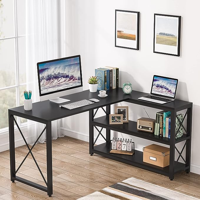 Tribesigns Reversible Industrial L-Shaped Desk with Storage Shelves, Corner Computer Desk PC Laptop Study Table Workstation for Home Office Small Space (Black, 53") - LeafyLoom