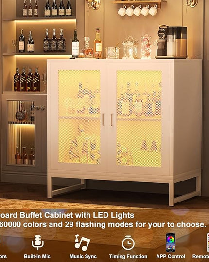 Aheaplus Sideboard Buffet Cabinet with Power Outlet, Accent Cabinet with Storage &LED Lights &Doors, Small Storage Cabinet Cupboard Console Cabinet for Kitchen, Hallway, Entryway, Living Room, White - LeafyLoom