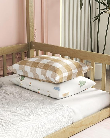 Twin Size Canopy Bed Frame with Guardrails for Kids,Floor Bed Twin with Four Poster Design,Kids Montessori Floor Bed,Wood Canopy Bed Frame for Girls,Boys(Twin,Natural) - LeafyLoom
