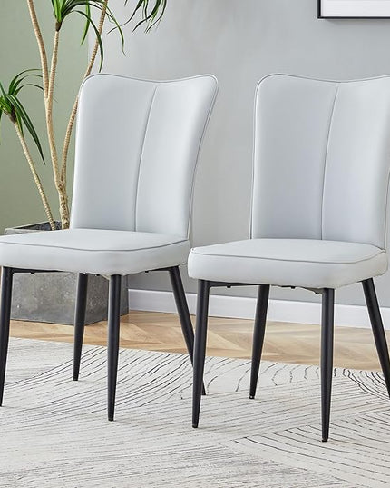 Modern Dining Chairs Set of 2, PU Leather Seat Cushions Light Gray Dining Room Chair, with Black Metal Legs Kitchen Chair for Home Living Room, Restaurant, Light Gray Chair Black Legs - LeafyLoom