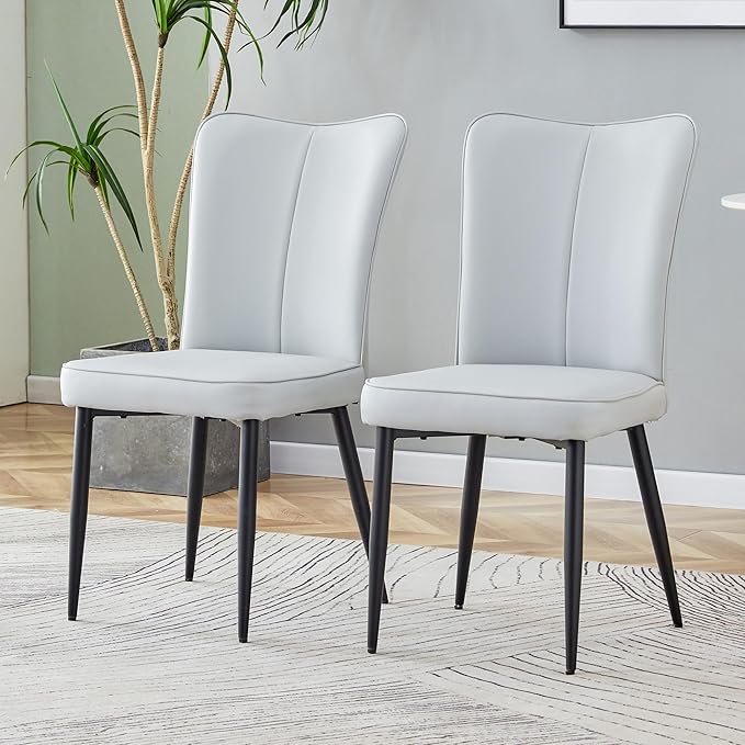Modern Dining Chairs Set of 2, PU Leather Seat Cushions Light Gray Dining Room Chair, with Black Metal Legs Kitchen Chair for Home Living Room, Restaurant, Light Gray Chair Black Legs - LeafyLoom