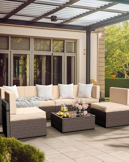 Pamapic 7 Piece Modular Outdoor Sectional, UV Protection Rattan Patio Sectional with Coffee Table, Adjustable Outdoor Couch with Removable Waterproof Cushions Covers(Brown Sugar) - LeafyLoom