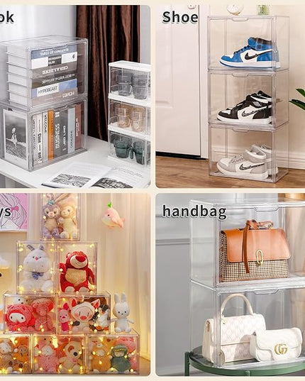 FABROK Clear Book Storage Organizer Box, Plastic Stackable Book Display Case with Magnetic Door, Assemble Storage Showcase for Toy Dolls, Books, Handbags, Shoes Organizing - LeafyLoom