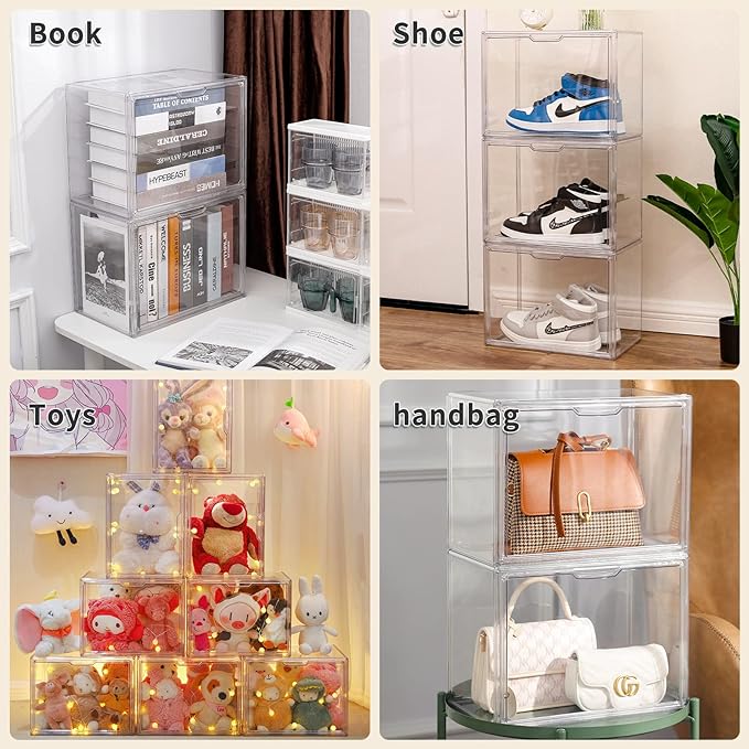 FABROK Clear Book Storage Organizer Box, Plastic Stackable Book Display Case with Magnetic Door, Assemble Storage Showcase for Toy Dolls, Books, Handbags, Shoes Organizing - LeafyLoom