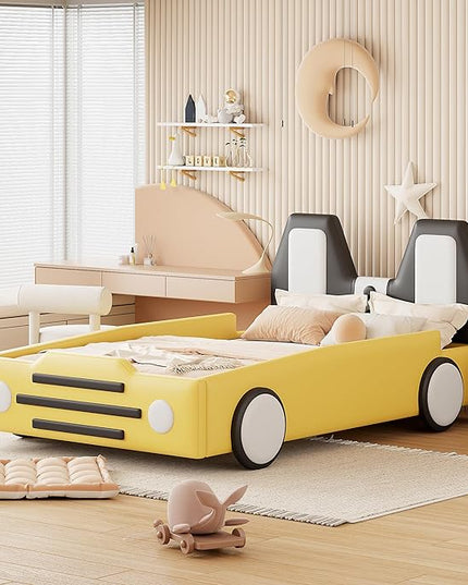 Twin Size Race Car Bed Platform Bed with Wheels and Side Rails,Bed Frame W/Headboard & Slats Support,for Kids Boys Girls Teens,Yellow - LeafyLoom