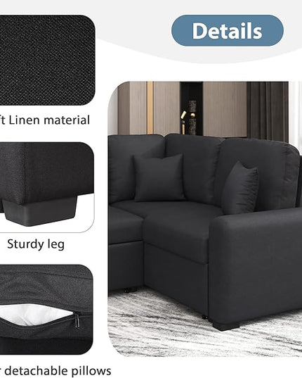 3 in 1 Convertible Sectional Sofa with Pull Out Bed , 87.4" L Shaped Corner Couch with USB Charging Ports & Plug Outlet , Breathable Linen Fabric Conversion Sofabed for Living Room Office Furniture - LeafyLoom