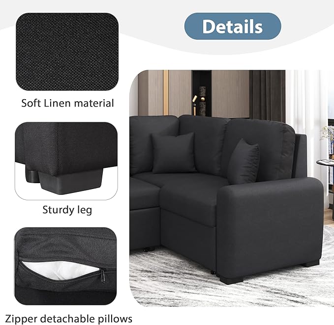 3 in 1 Convertible Sectional Sofa with Pull Out Bed , 87.4" L Shaped Corner Couch with USB Charging Ports & Plug Outlet , Breathable Linen Fabric Conversion Sofabed for Living Room Office Furniture - LeafyLoom