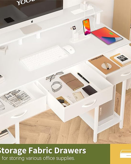 Yoobure Computer Desk with Drawers, Office Desk with LED Lights & Outlets Small Desk with Storage Shelves, Gaming Desk with Monitor Stand, 48" White Desk for Bedroom Home Office Desks for Small Space - LeafyLoom