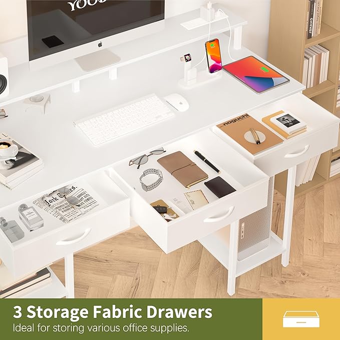 Yoobure Computer Desk with Drawers, Office Desk with LED Lights & Outlets Small Desk with Storage Shelves, Gaming Desk with Monitor Stand, 48" White Desk for Bedroom Home Office Desks for Small Space - LeafyLoom
