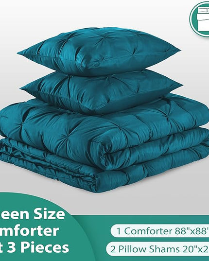 downluxe Pintuck Queen Comforter Set with 2 Pillow Shams - 3-Piece - Crystal Teal Queen Bed Comforter Set for All Seasons, Pinch Pleat Microfiber Down Alternative Bedding Comforter Sets - LeafyLoom