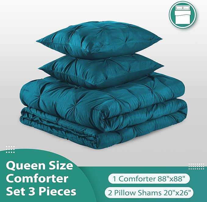 downluxe Pintuck Queen Comforter Set with 2 Pillow Shams - 3-Piece - Crystal Teal Queen Bed Comforter Set for All Seasons, Pinch Pleat Microfiber Down Alternative Bedding Comforter Sets - LeafyLoom