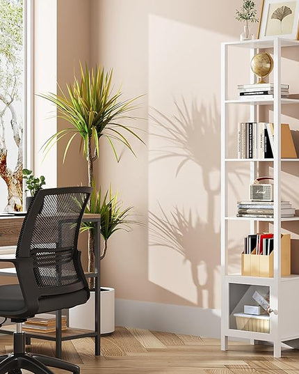 TUTOTAK 6 Tier Bookcase and Bookshelf, Narrow Book shelf with Door for Small Space, for Living Room, Office, Study, Entryway, White BS03BW006 - LeafyLoom