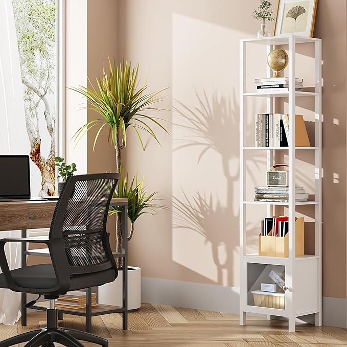 TUTOTAK 6 Tier Bookcase and Bookshelf, Narrow Book shelf with Door for Small Space, for Living Room, Office, Study, Entryway, White BS03BW006 - LeafyLoom
