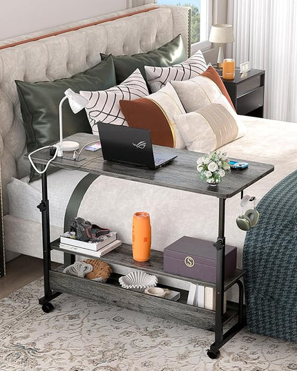 39" Height Adjustable Standing Desk with Power Outlets - Manual Rolling Stand Up Desk with Wheels Small Portable Computer Desk Mobile Laptop Table with Storage Shelves for Home Office, Grey Oak - LeafyLoom