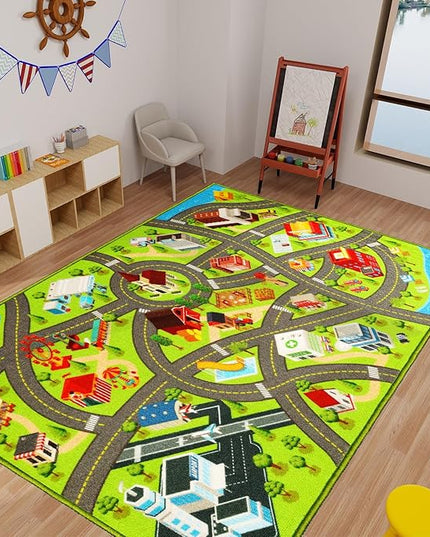 Kids Rugs Traffic Road Carpet for Car City Map Play Rug 5'×6.7' for Playroom Educational Mat Area Rug, Kid Playtime Collection Toddler Car Track Rug Cute Cartoon (City Road A, 59×78.7 in) - LeafyLoom