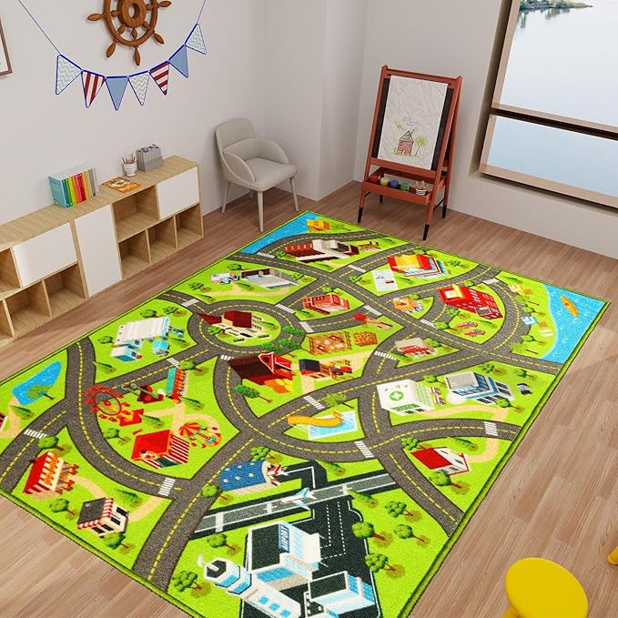 Kids Rugs Traffic Road Carpet for Car City Map Play Rug 3.3'×5' for Playroom Educational Mat Area Rug, Kid Playtime Collection Toddler Car Track Rug Cute Cartoon (City Road A, 39.4×59 in) - LeafyLoom