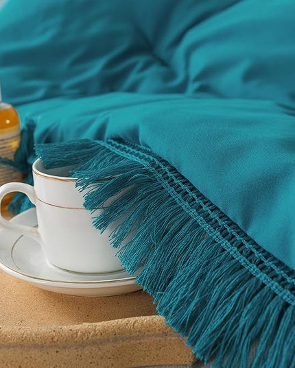 Andency Turquoise Comforter Twin Size, 2 Pieces Boho Teal Tassel Lightweight Bedding Comforter Sets for Twin Bed, Teal Blue All Season Soft Fluffy Fringe Bed Set (66x90In Comforter & 1 Pillowcase) - LeafyLoom