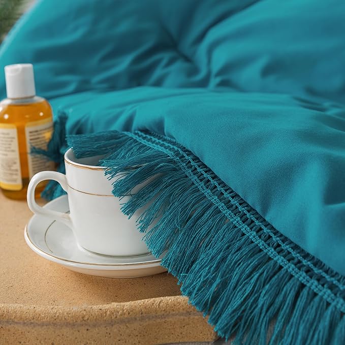 Andency Turquoise Comforter Twin Size, 2 Pieces Boho Teal Tassel Lightweight Bedding Comforter Sets for Twin Bed, Teal Blue All Season Soft Fluffy Fringe Bed Set (66x90In Comforter & 1 Pillowcase) - LeafyLoom