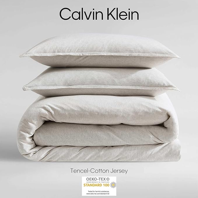 Calvin Klein - King Comforter Set, Luxuriously Soft Home Decor, Modern Cotton Melange Jersey Bedding (Ivory Grey Heather, King) - LeafyLoom