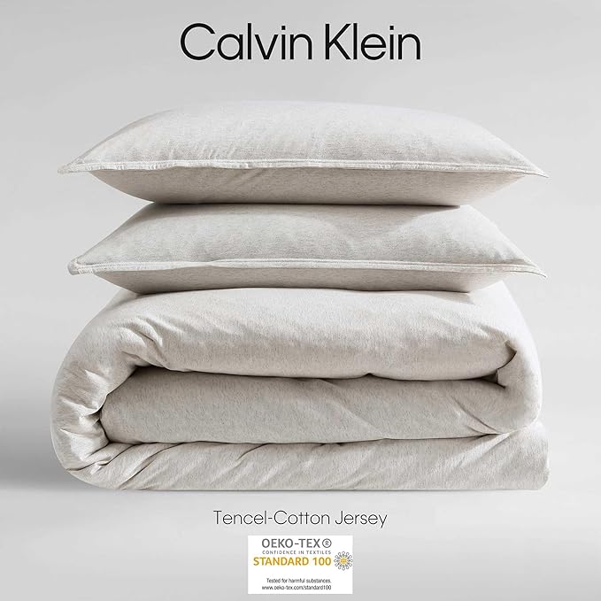 Calvin Klein - Queen Comforter Set, Luxuriously Soft Home Decor, Modern Cotton Melange Jersey Bedding (Ivory Grey Heather, Queen) - LeafyLoom