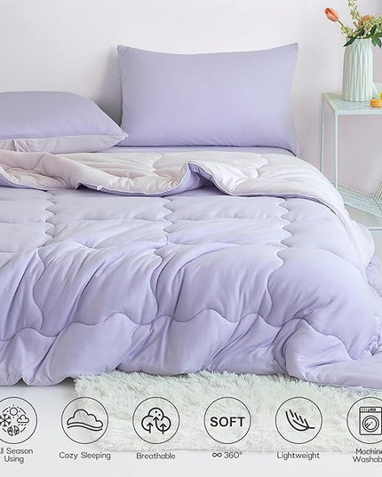 COTTEBED Reversible Ultra-Soft Light Pink and Purple Comforter Set Queen Full Size, Jersey Knit T-Shirt Feel Cute Fluffy Lightweight Bedding Down Blanket Quilt Pillowcase for Man Women Girl All Season - LeafyLoom