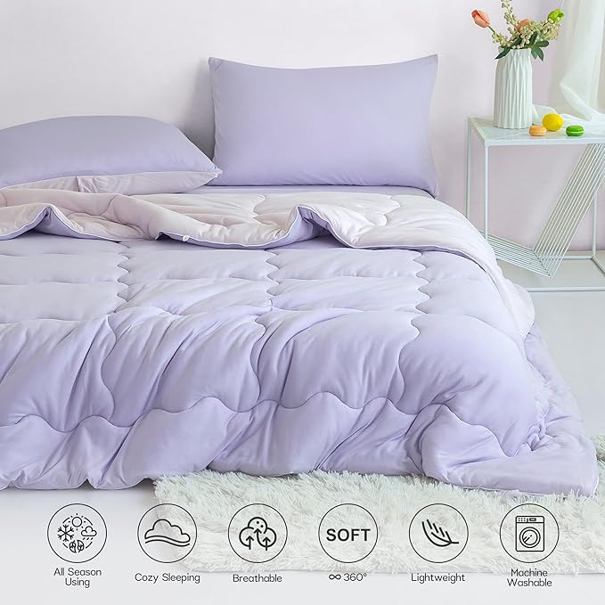 COTTEBED Reversible Softness Pink Purple Twin Comforters Sets for Girl Kids College Dorm, Cute Jersey Knit Lightweight Breathable Fluffy Cozy Comfy Bed Down Comforter Quilt for All Season Twin/Twin XL - LeafyLoom