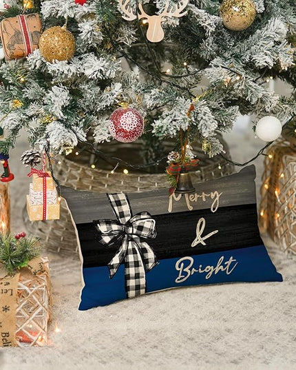 AVOIN colorlife Merry Christmas Joy Xmas Trees Blue and Black Throw Pillow Covers, 12 x 20 Inch Christmas Winter Holiday Cushion Case Decoration for Sofa Couch Set of 4 AVOINcolorlife