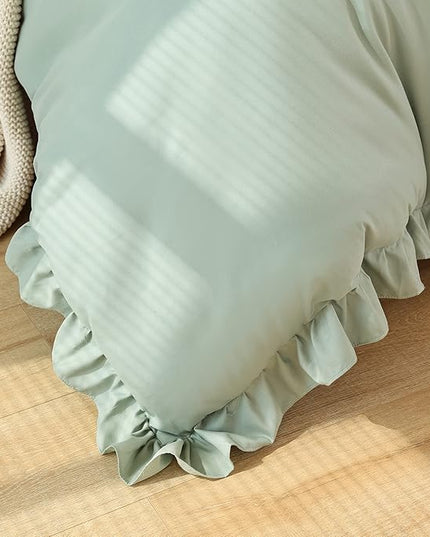 JANZAA California King Comforter Set Sage Green Comforter 3PCS Soft Fluffy Boho Comforter Vintage Farmhouse Bed (1 Ruffle Comforter with 2 Pillowcases) Shabby Chic Bedding for All Season - LeafyLoom