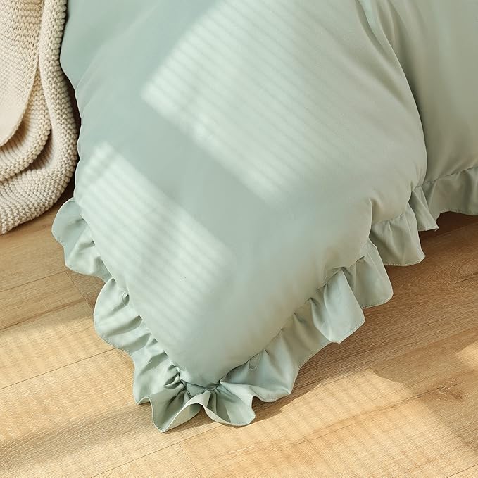 JANZAA California King Comforter Set Sage Green Comforter 3PCS Soft Fluffy Boho Comforter Vintage Farmhouse Bed (1 Ruffle Comforter with 2 Pillowcases) Shabby Chic Bedding for All Season - LeafyLoom