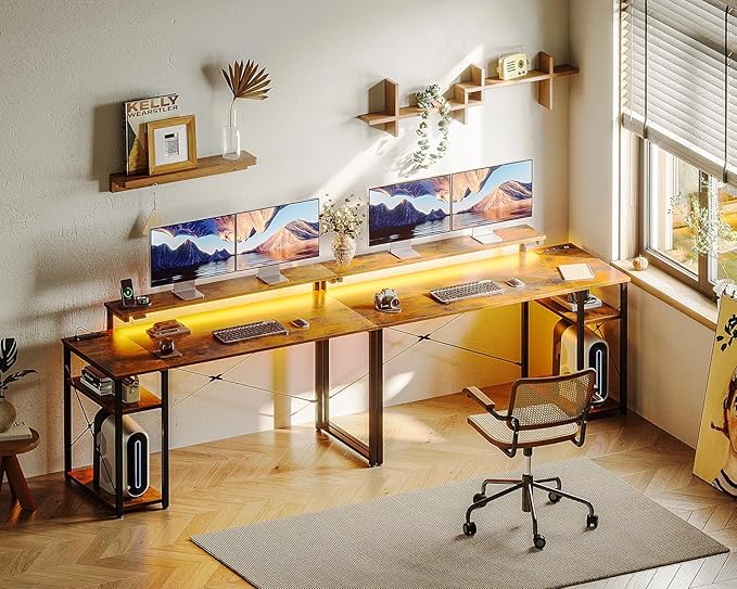 MOTPK Computer Desk with Led Lights & Power Outlet, 47 Inch Reversible Kids Desk with Shelves, Writing Desk with Adjustable Monitor Stand & Headphone Hook, Work Desk for Home Office, Brown - LeafyLoom