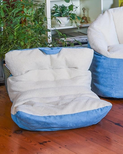 Big Joe Roma Kid's Bean Bag Chair, Oat Sherpa and Dusty Blue, Vegan Suede, 2 feet - LeafyLoom
