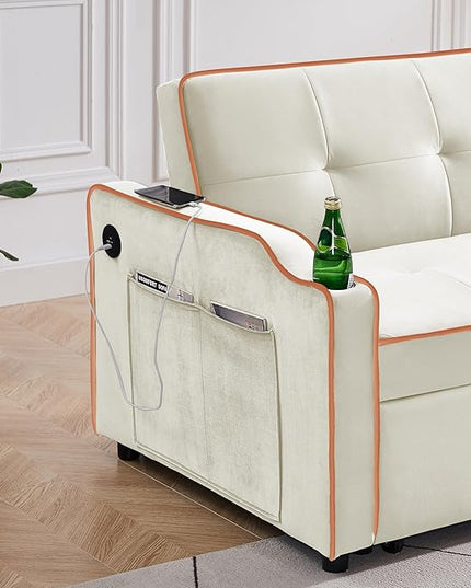 3-in-1 Velvet Upholstered Sofabed Tufted Futon Loveseat Sofa Convertible Sleeper Couch Bed with Cupholders and USB Charging Ports,Modern 2-Seaters Love Seat Daybed for Living Room, 55.2", Beige1 - LeafyLoom