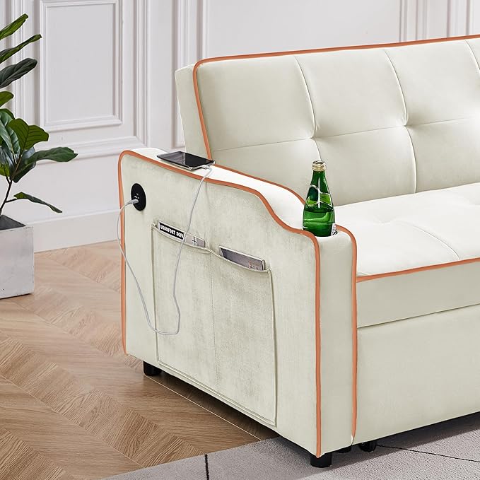 3-in-1 Velvet Upholstered Sofabed Tufted Futon Loveseat Sofa Convertible Sleeper Couch Bed with Cupholders and USB Charging Ports,Modern 2-Seaters Love Seat Daybed for Living Room, 55.2", Beige1 - LeafyLoom