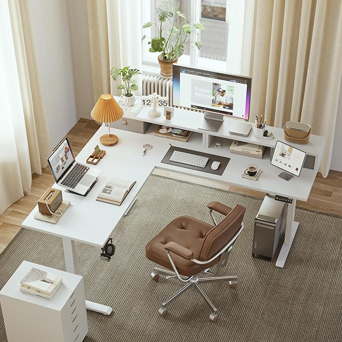 L shaped Electric Standing Desk with 2 Drawers, 63 Inch Ergonomic Adjustable Height Desk with Storage, Corner Desk Sit Stand up Computer Table for Work Office Home, White - LeafyLoom