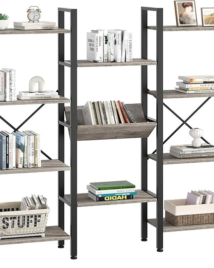 Shintenchi Industrial Bookcase,71.6” Triple 4 Tier Bookshelf with 11 Open Display Shelves,Large Etagere Bookshelf Open Record Player Shelves,Wide Book Shelf Book Case for Home & Office, Grey - LeafyLoom