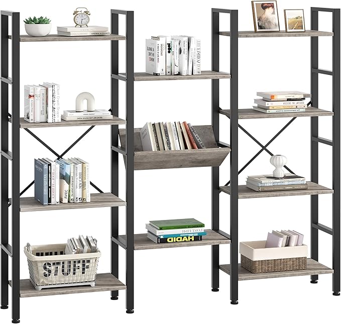 Shintenchi Industrial Bookcase,71.6” Triple 4 Tier Bookshelf with 11 Open Display Shelves,Large Etagere Bookshelf Open Record Player Shelves,Wide Book Shelf Book Case for Home & Office, Grey - LeafyLoom