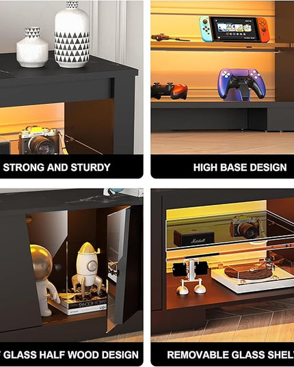 HOME BI TV Stand with LED Lights for TVs up to 70 inch, Entertainment Center with Glass Shelves and Two Cabinets, Console TV Stand for Living Room, 22 RGB Modes, Black - LeafyLoom