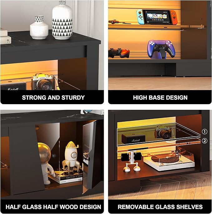 HOME BI TV Stand with LED Lights for TVs up to 70 inch, Entertainment Center with Glass Shelves and Two Cabinets, Console TV Stand for Living Room, 22 RGB Modes, Black - LeafyLoom