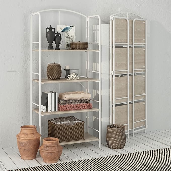 No Assembly Folding Bookshelf, Metal Book Shelf for Storage, Folding Bookcase for Office Organization and Storage (White, 4 Tiers) - LeafyLoom