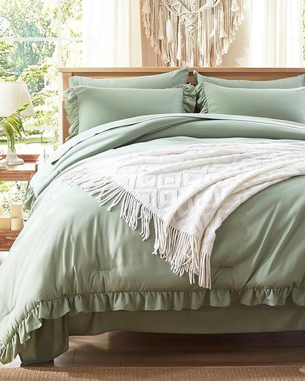 Anluoer Queen Comforter Set 7 Piece, Sage Green Bed in a Bag with Sheets, All Season Ruffle Shabby Chic Bedding Sets with 1 Comforter, 2 Pillow Shams, 2 Pillowcases, 1 Flat Sheet, 1 Fitted Sheet - LeafyLoom