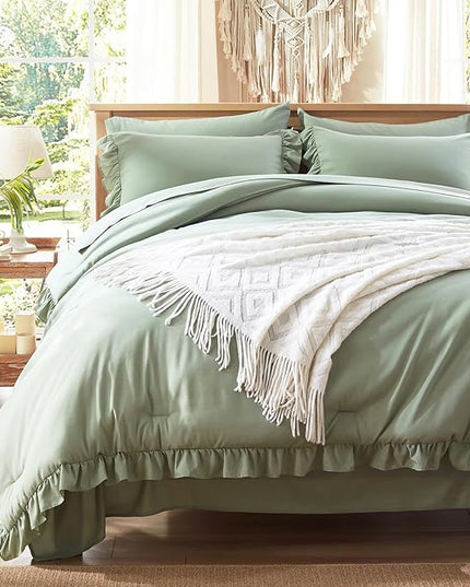 Anluoer Twin Comforter Set 5 Piece, Sage Green Bed in a Bag with Sheets, All Season Ruffle Shabby Chic Bedding Sets with 1 Comforter, 1 Pillow Sham, 1 Pillowcase, 1 Flat Sheet, 1 Fitted Sheet - LeafyLoom