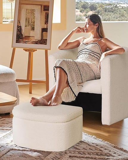 COLAMY Upholstered Sherpa Barrel Accent Chair with Storage Ottoman, Morden Living Room Side Chair, Armchair for Bedroom/Reading Spaces/Office, Craem - LeafyLoom