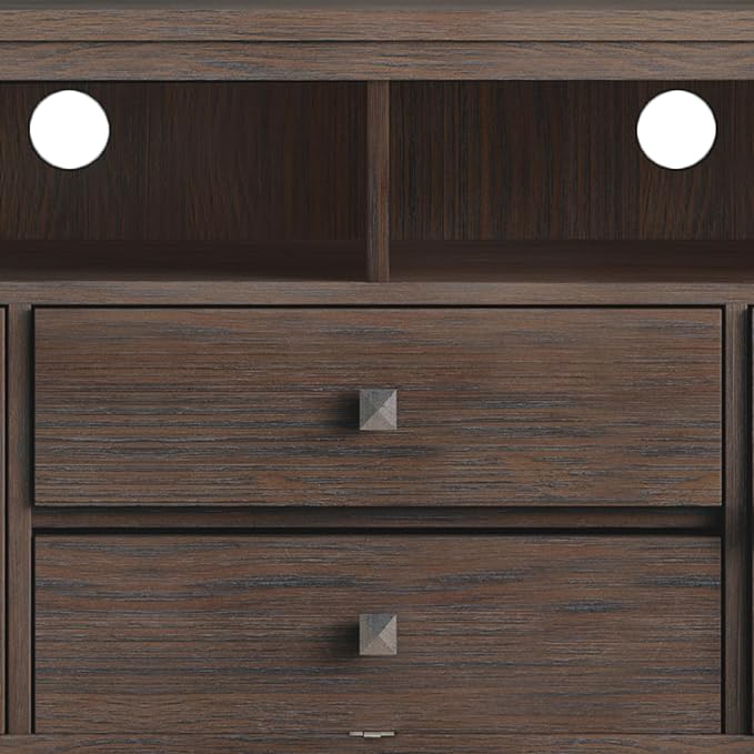 SIMPLIHOME Cosmopolitan SOLID WOOD Universal TV Media Stand, 72 inch Wide, Contemporary, Living Room Entertainment Center with Storage, for Flat Screen TVs up to 80 inches in Farmhouse Brown - LeafyLoom