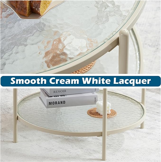 VINGLI 25.6" Small Cream White Round Coffee Table Water-wave Glass Circle Clear Coffee Table, Center Table with 2-Tier Modern Storage Design for Living Room, Bedroom, Meeting Room, Balcony, Beige - LeafyLoom