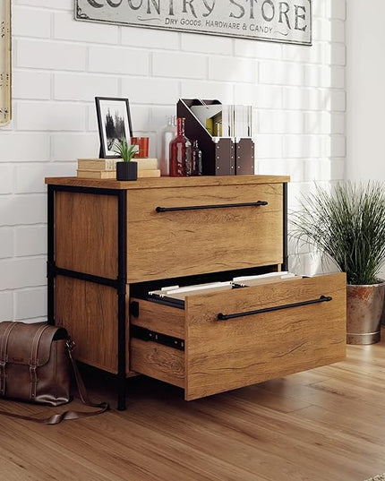 Sauder Iron City Lateral File, L: 31.50" x W: 20.00" x H: 30.00", Checked Oak Finish - LeafyLoom
